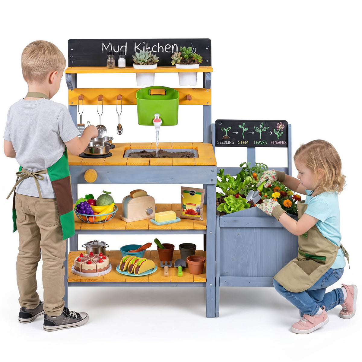 Mud Kitchen Set for Kids with Running Water Reservoir and Plant Pots for 3+-Yellow
