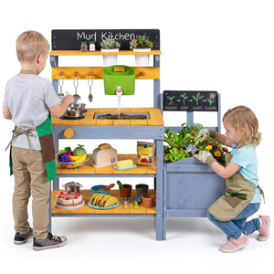 Mud Kitchen Set for Kids with Running Water Reservoir and Plant Pots for 3+-Yellow