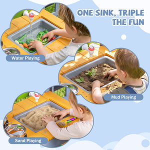 Mud Kitchen Set for Kids with Running Water Reservoir and Plant Pots for 3+-Yellow
