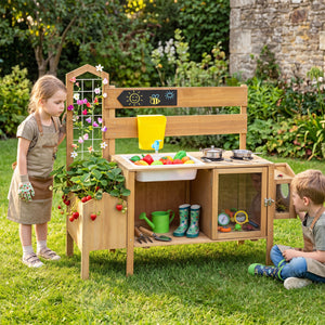 Mud Kitchen for Kids with Detachable Bird Cage and Stoves-Natural