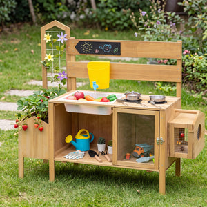 Mud Kitchen for Kids with Detachable Bird Cage and Stoves-Natural