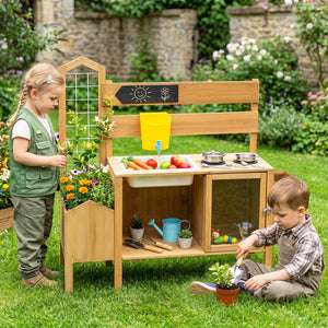 Mud Kitchen for Kids with Detachable Bird Cage and Stoves-Natural