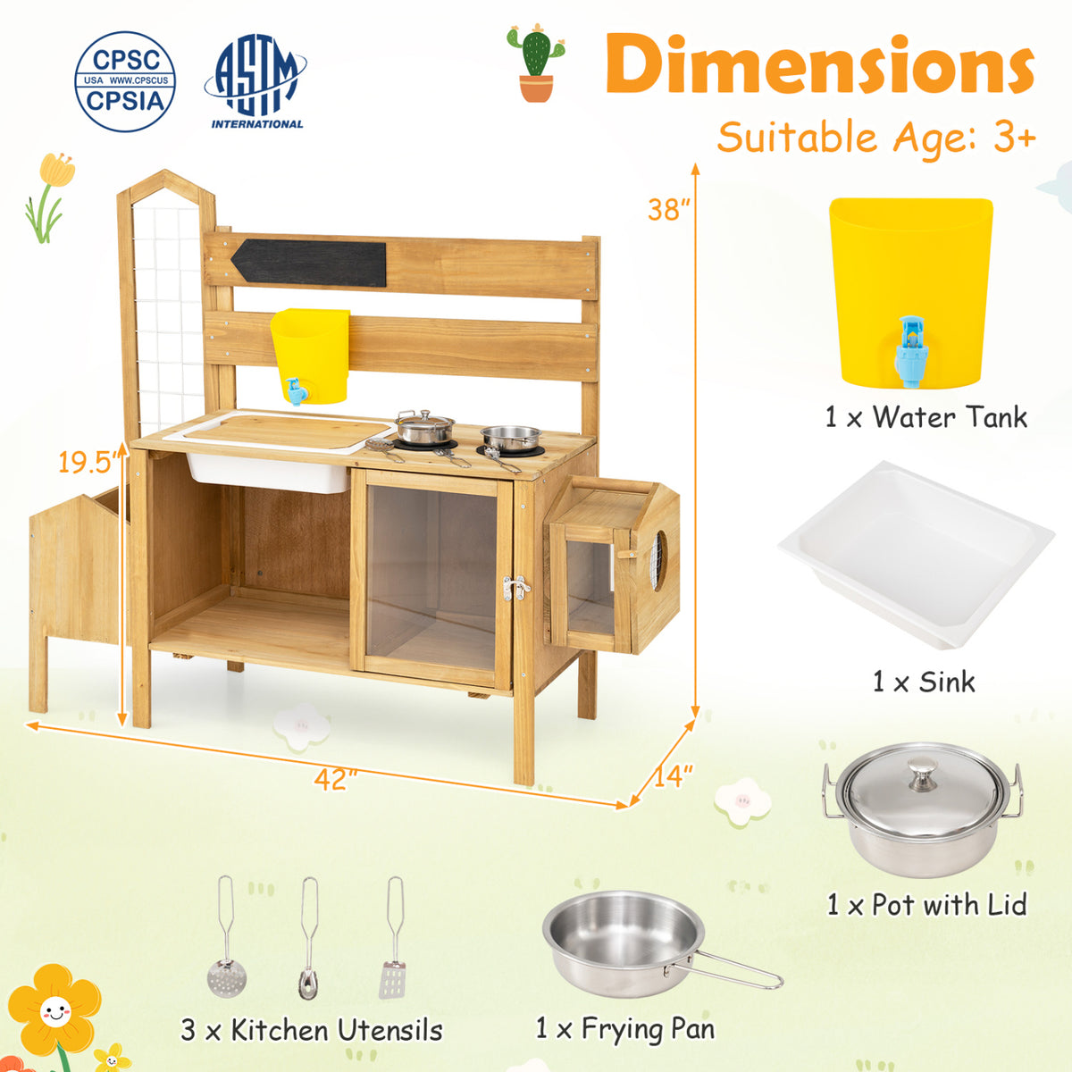 Mud Kitchen for Kids with Detachable Bird Cage and Stoves-Natural
