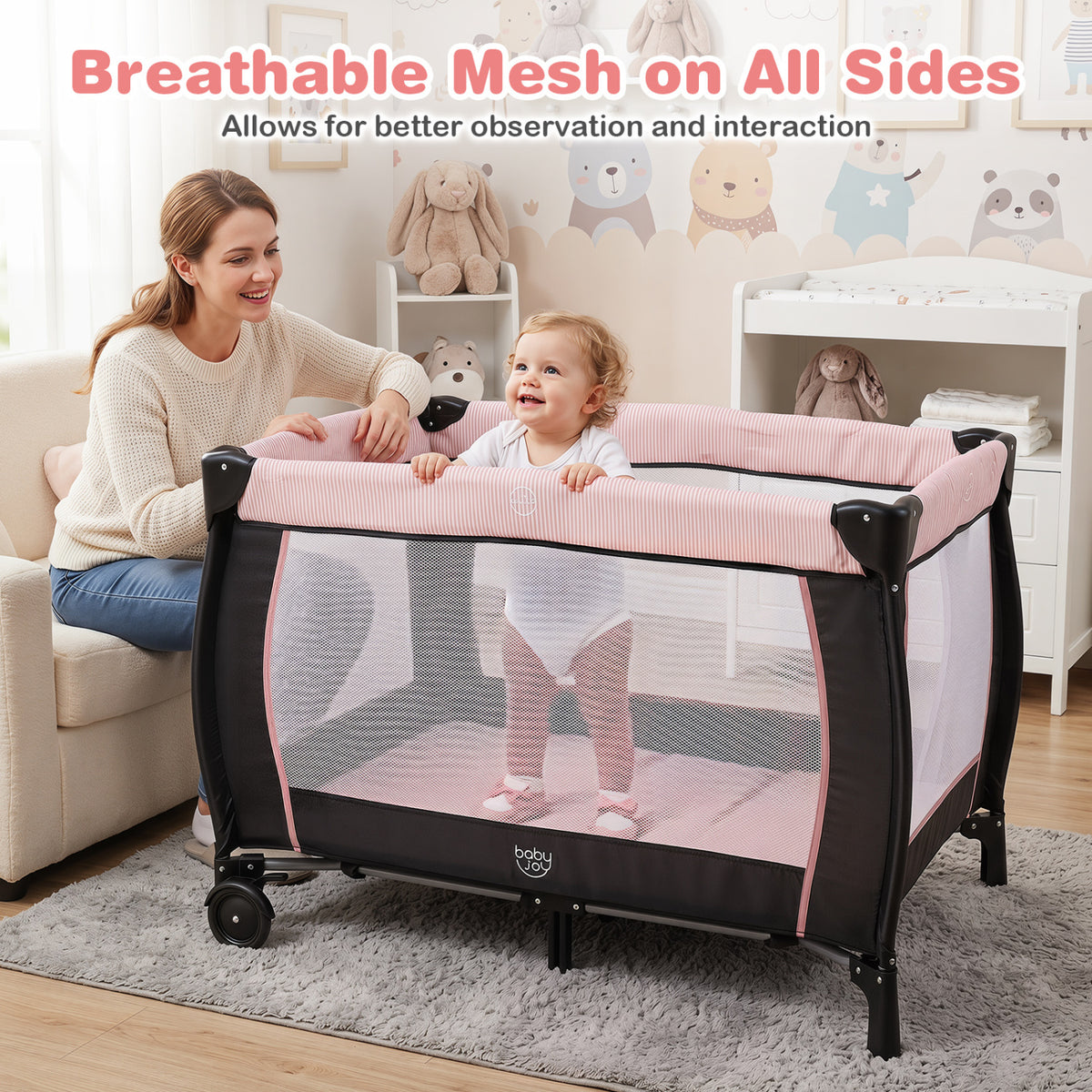 Multi-Functional Baby Playpen with Removable Changing Table-Pink