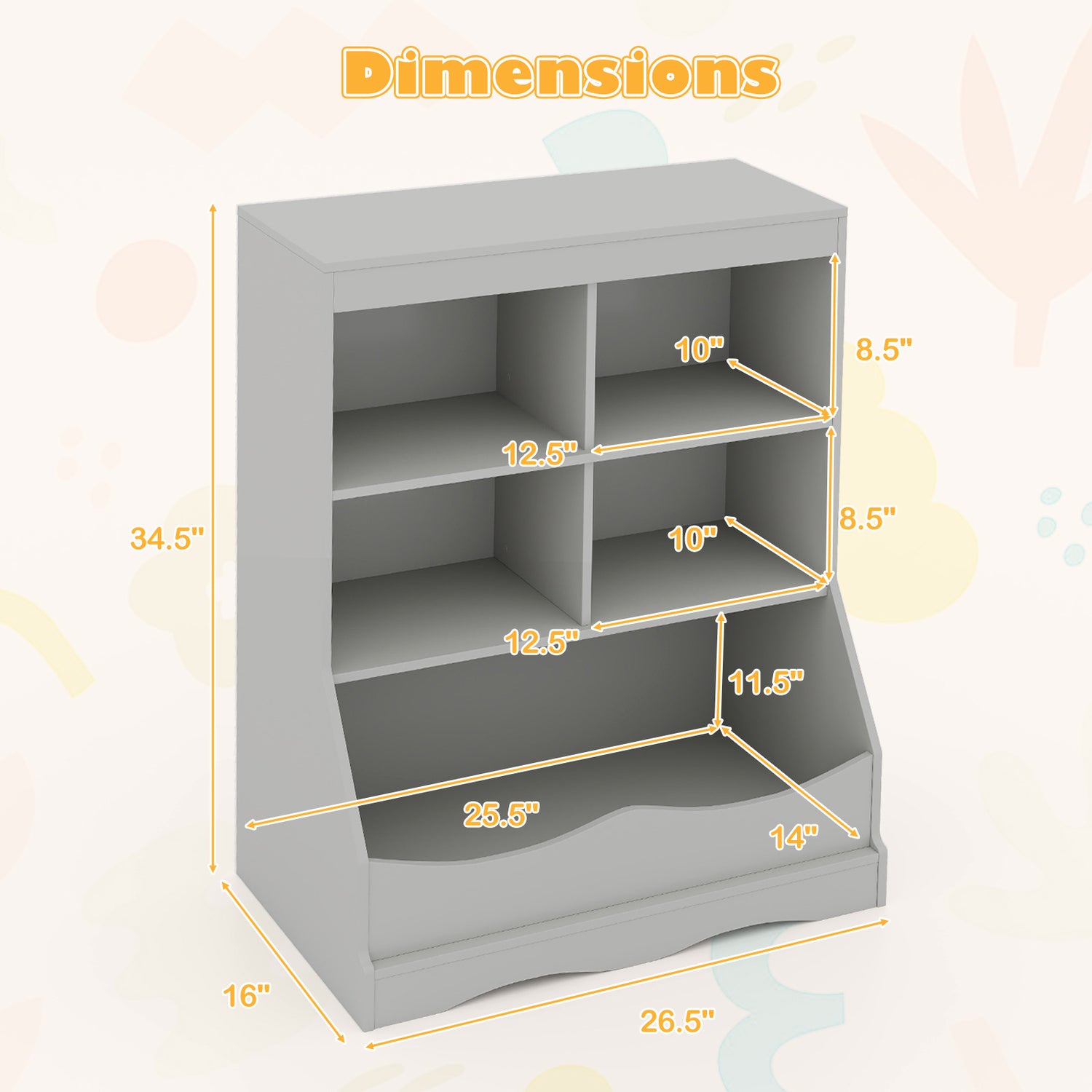 3-Tier Children's Multi-Functional Bookcase Toy Storage Bin Floor Cabinet-Gray