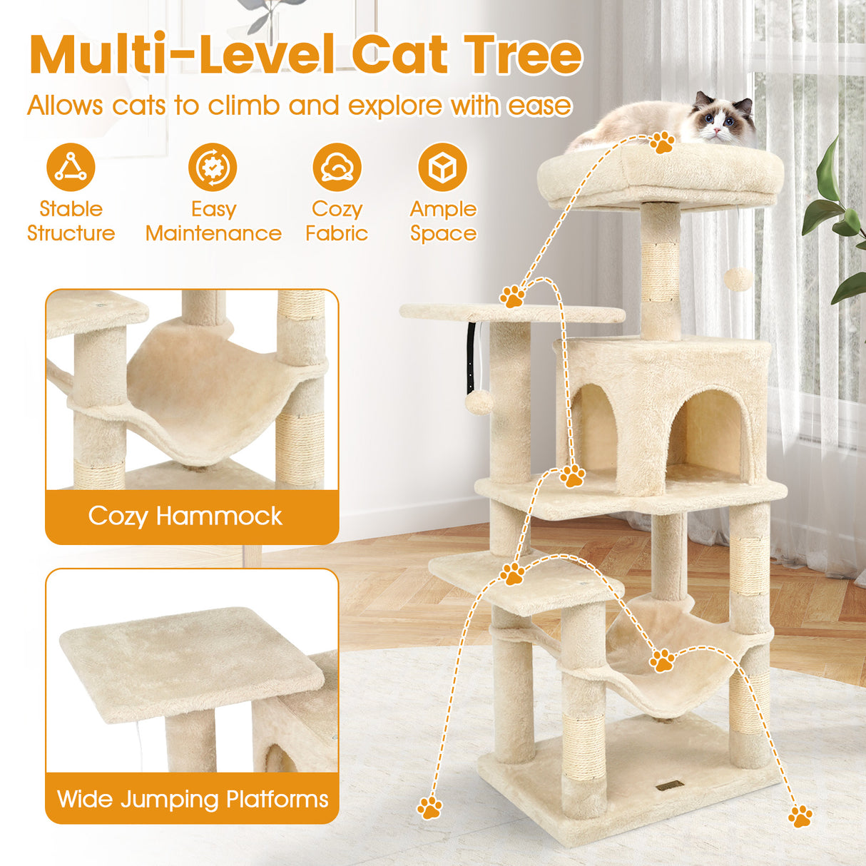 Multi-Level Cat Tower with 2-Door Condo and Padded Top Perch-Beige