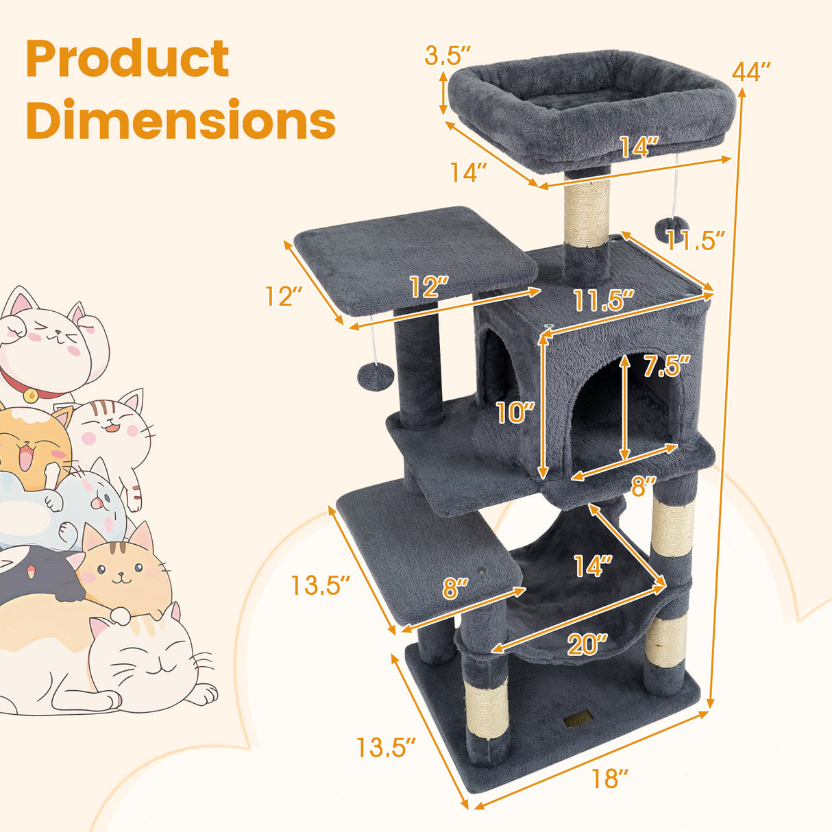 Multi-Level Cat Tower with 2-Door Condo and Padded Top Perch-Gray