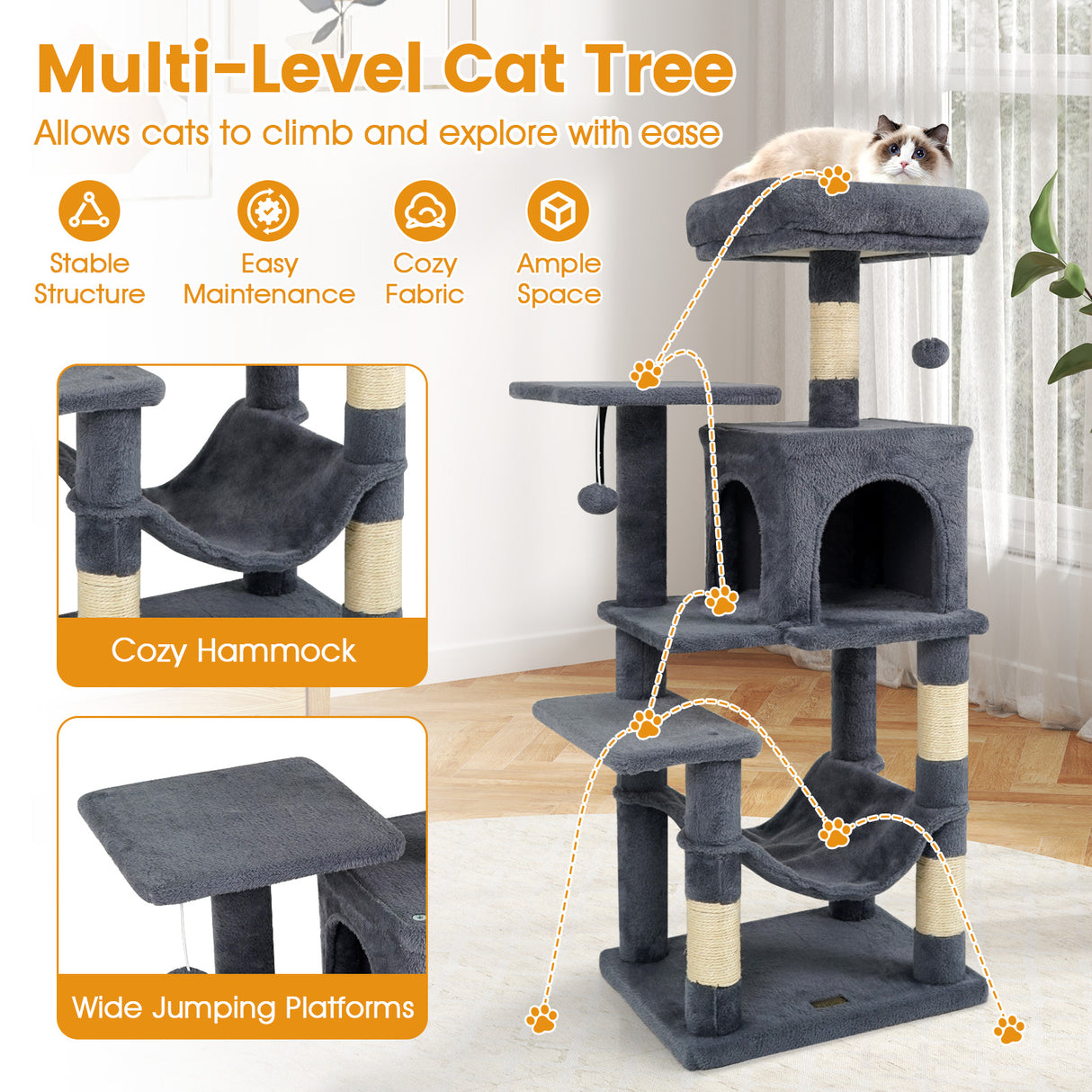 Multi-Level Cat Tower with 2-Door Condo and Padded Top Perch-Gray