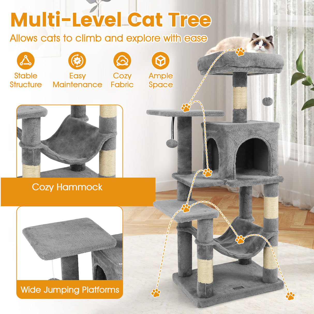 Multi-Level Cat Tower with 2-Door Condo and Padded Top Perch-Light Gray