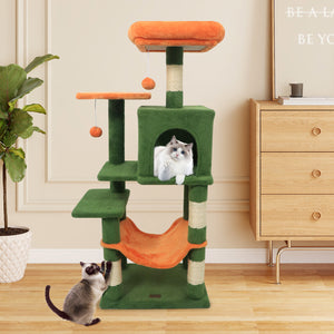 Multi-Level Cat Tower with 2-Door Condo and Padded Top Perch-Green