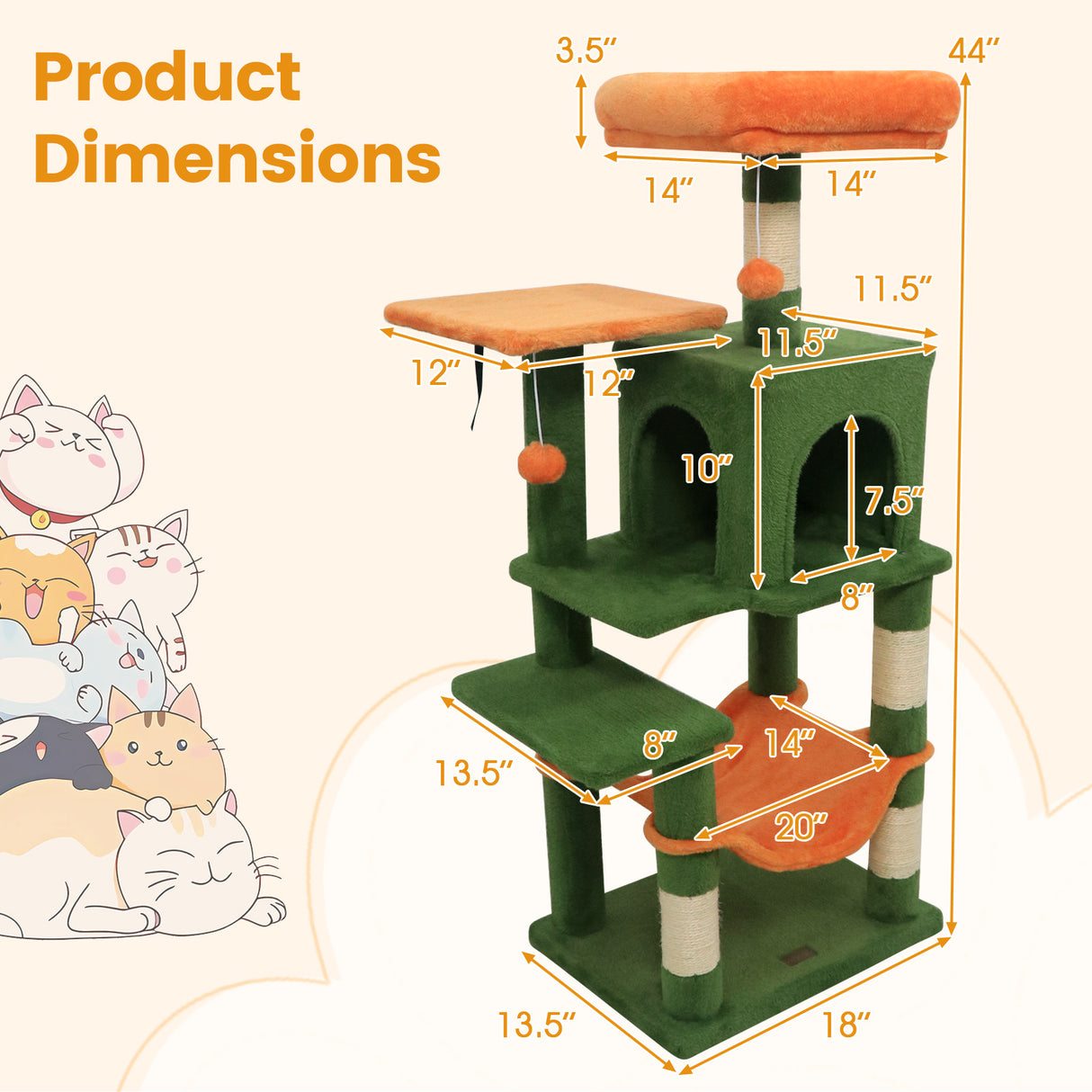 Multi-Level Cat Tower with 2-Door Condo and Padded Top Perch-Green
