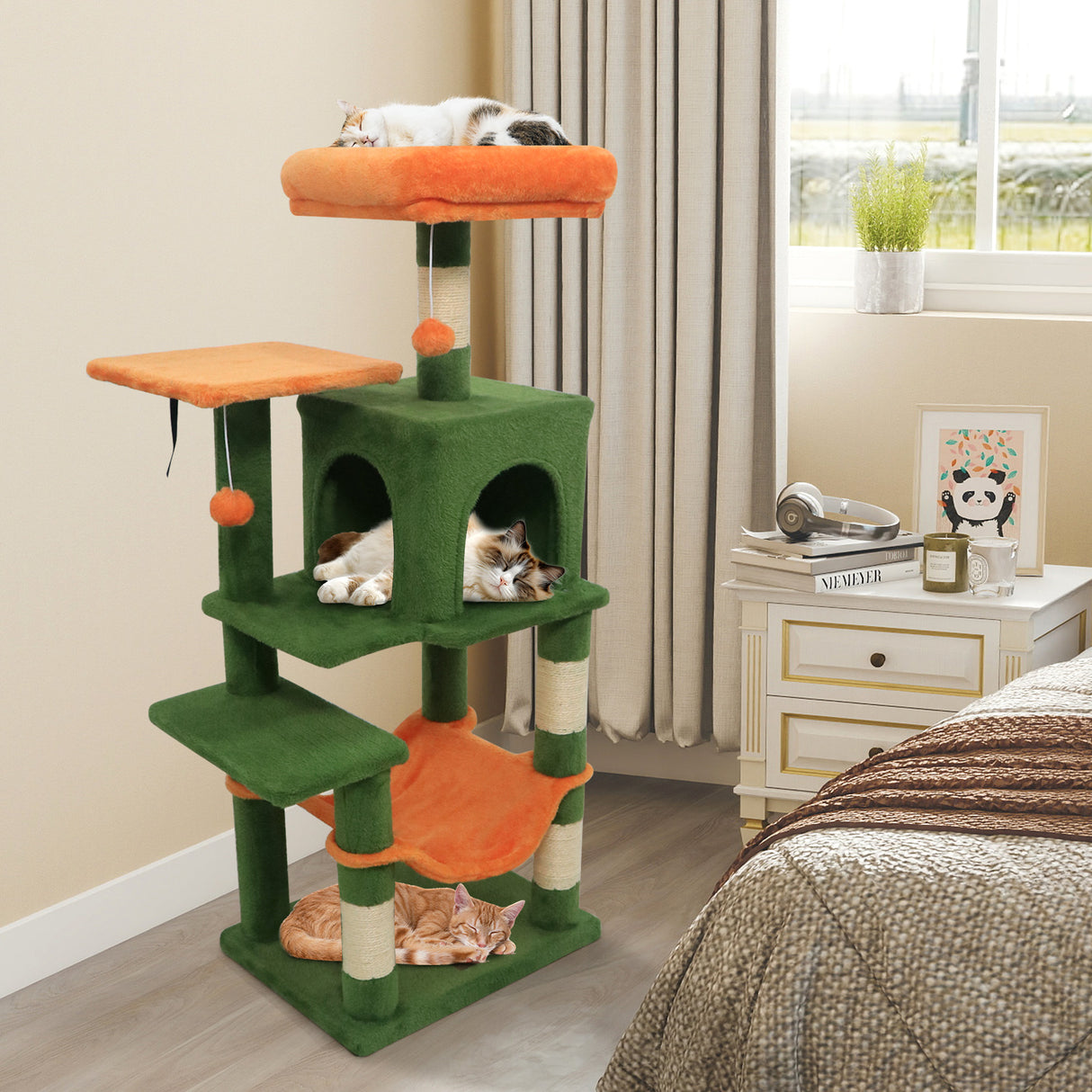 Multi-Level Cat Tower with 2-Door Condo and Padded Top Perch-Green