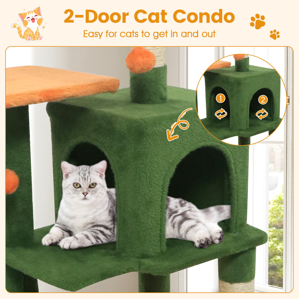 Multi-Level Cat Tower with 2-Door Condo and Padded Top Perch-Green