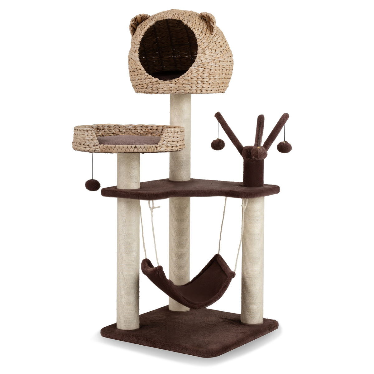 Multi-Level Cat Tree with Condo Hammock and Rotatable Hanging Balls-Brown