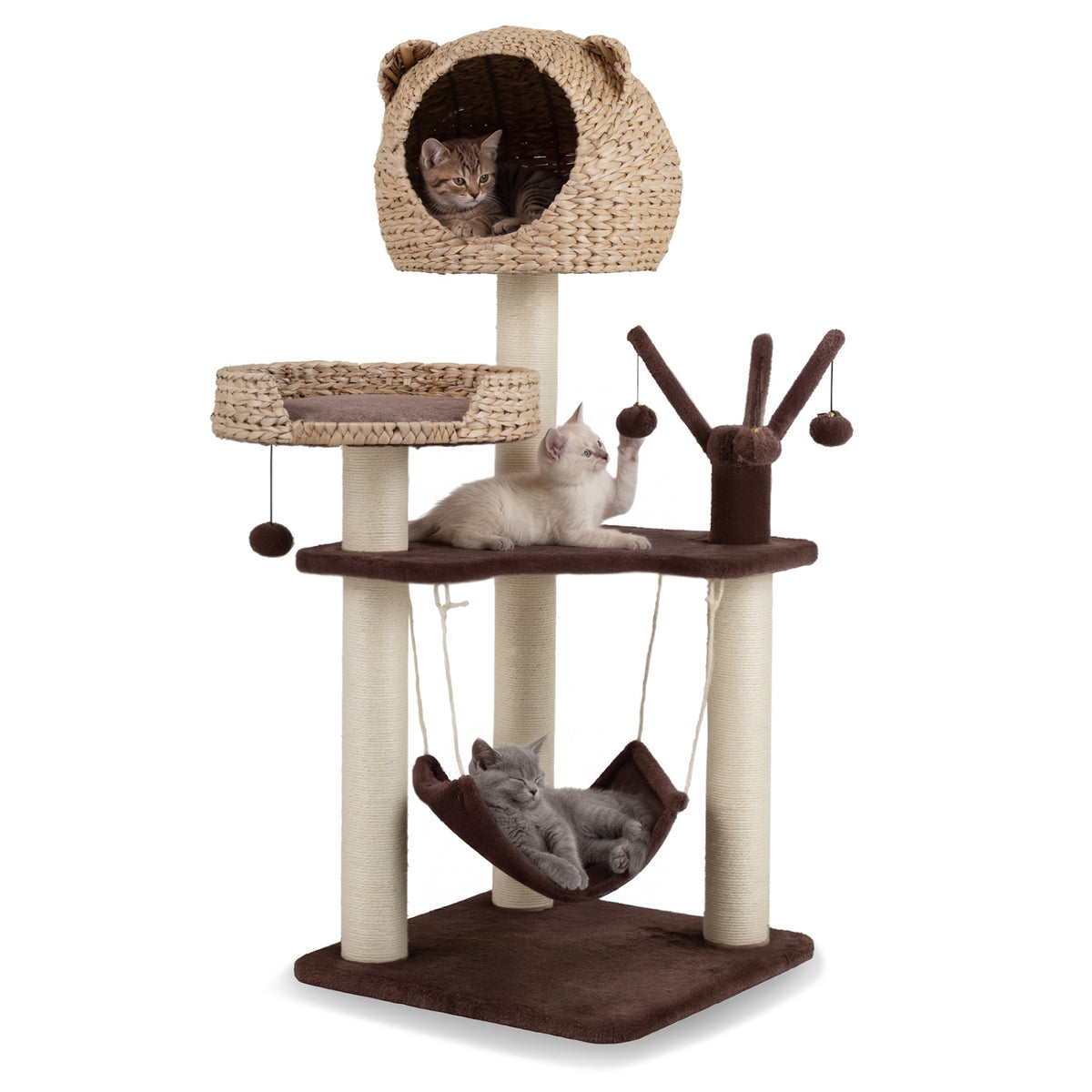 Multi-Level Cat Tree with Condo Hammock and Rotatable Hanging Balls-Brown