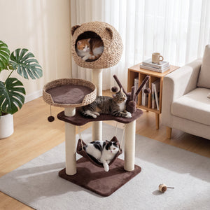 Multi-Level Cat Tree with Condo Hammock and Rotatable Hanging Balls-Brown