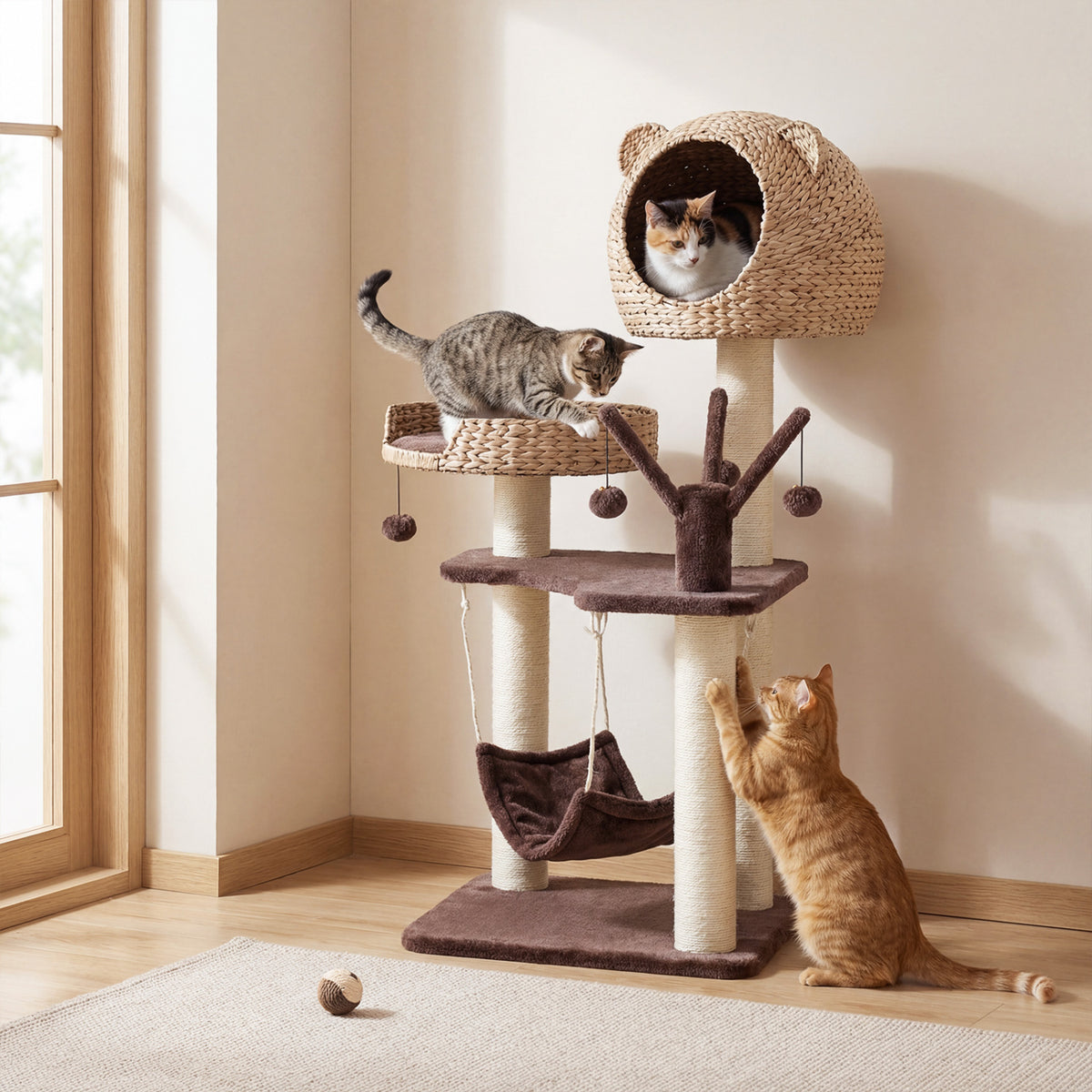 Multi-Level Cat Tree with Condo Hammock and Rotatable Hanging Balls-Brown