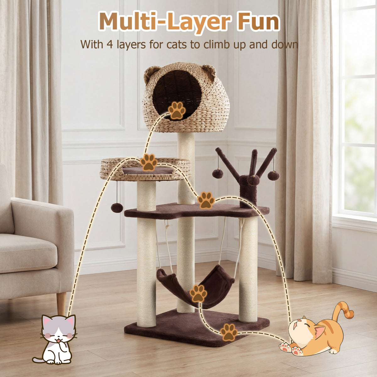 Multi-Level Cat Tree with Condo Hammock and Rotatable Hanging Balls-Brown