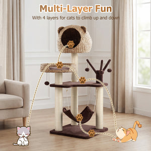 Multi-Level Cat Tree with Condo Hammock and Rotatable Hanging Balls-Brown
