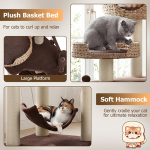 Multi-Level Cat Tree with Condo Hammock and Rotatable Hanging Balls-Brown