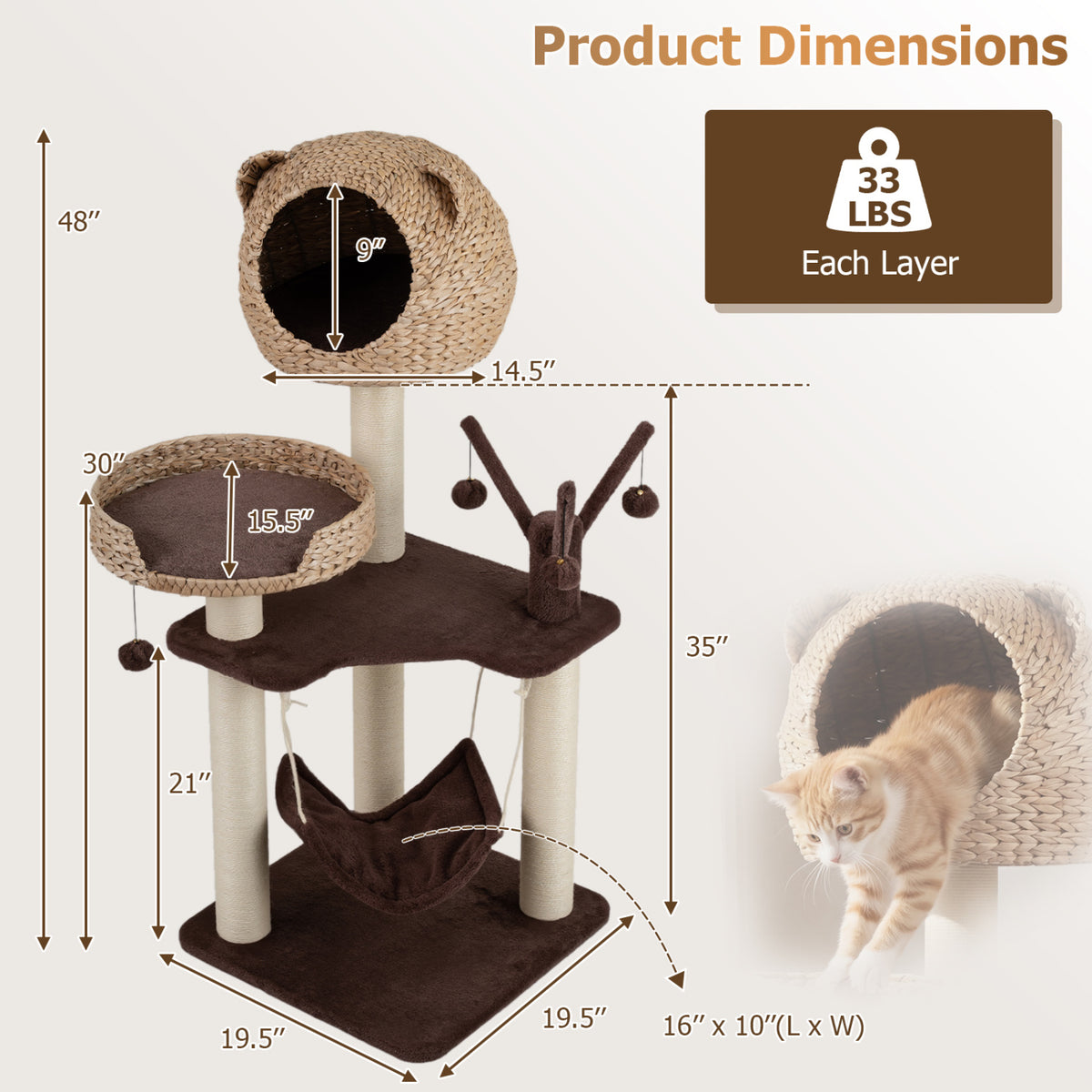 Multi-Level Cat Tree with Condo Hammock and Rotatable Hanging Balls-Brown