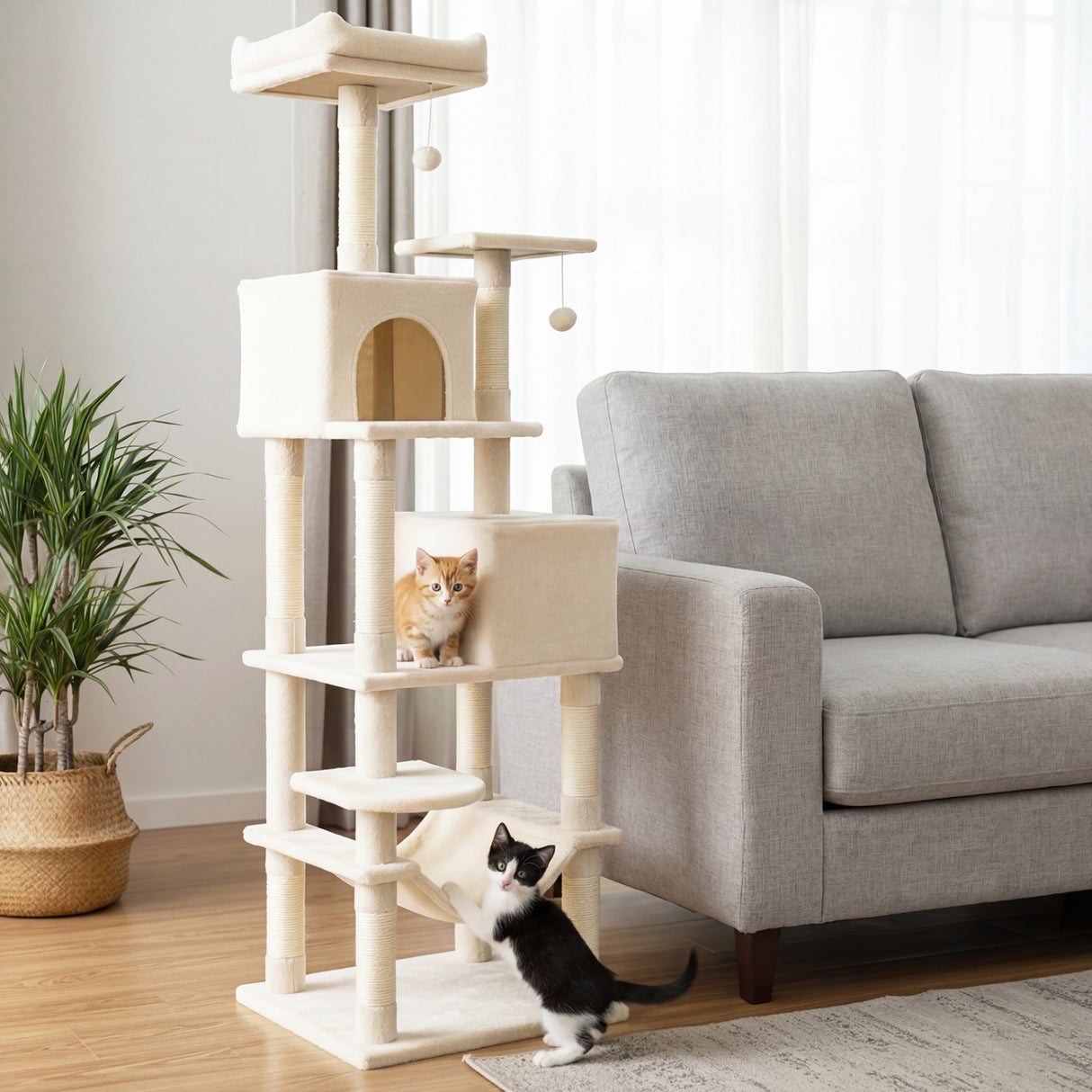 Multi-level Cat Tree Modern Cat Tower with Upholstered Perch and 2 Cat Condo-Beige