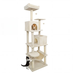 Multi-level Cat Tree Modern Cat Tower with Upholstered Perch and 2 Cat Condo-Beige