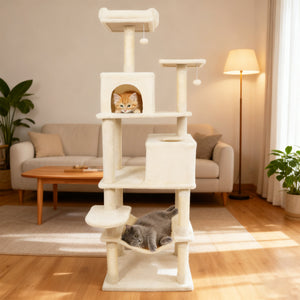 Multi-level Cat Tree Modern Cat Tower with Upholstered Perch and 2 Cat Condo-Beige