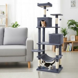 Multi-level Cat Tree Modern Cat Tower with Upholstered Perch and 2 Cat Condo-Dark Gray