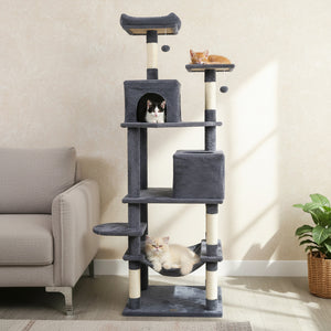 Multi-level Cat Tree Modern Cat Tower with Upholstered Perch and 2 Cat Condo-Dark Gray
