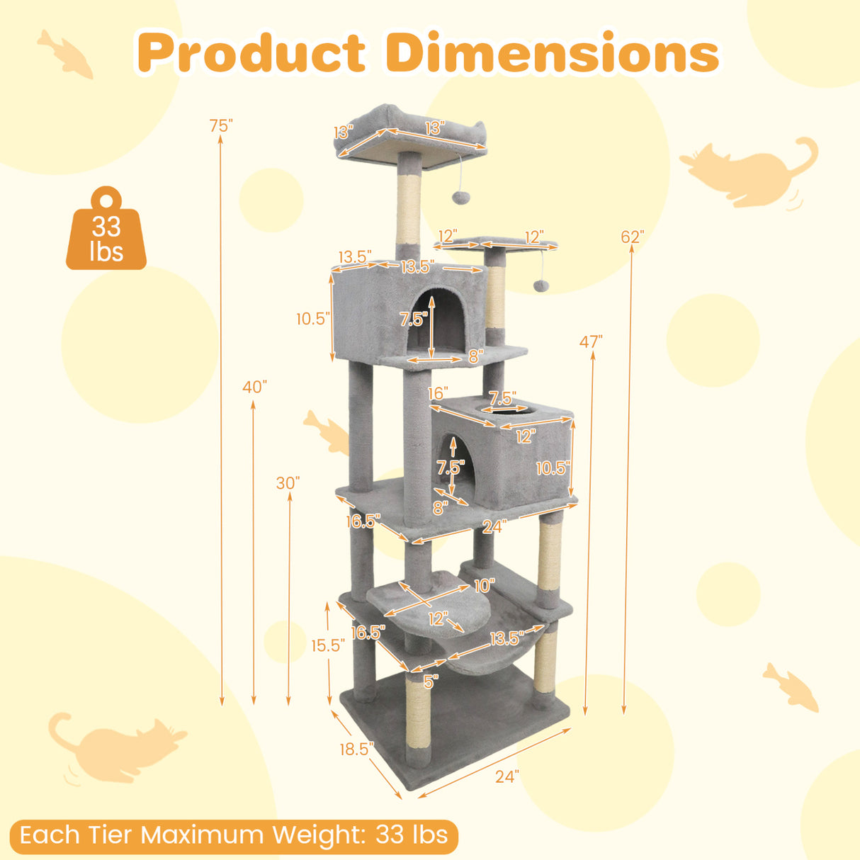 Multi-level Cat Tree Modern Cat Tower with Upholstered Perch and 2 Cat Condo-Gray