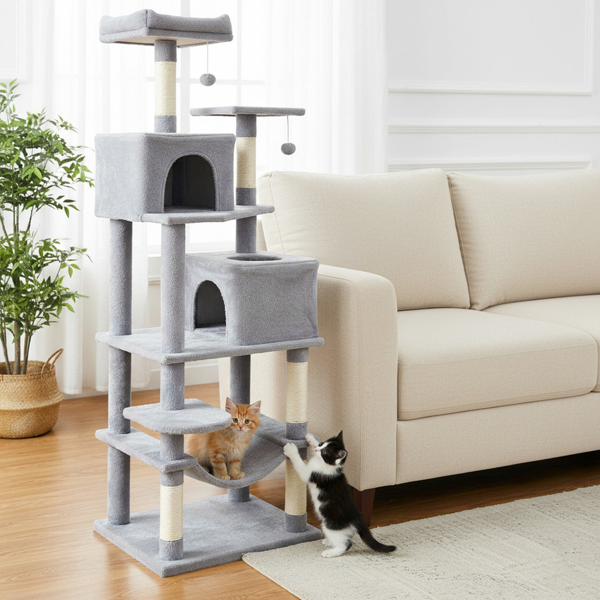 Multi-level Cat Tree Modern Cat Tower with Upholstered Perch and 2 Cat Condo-Gray