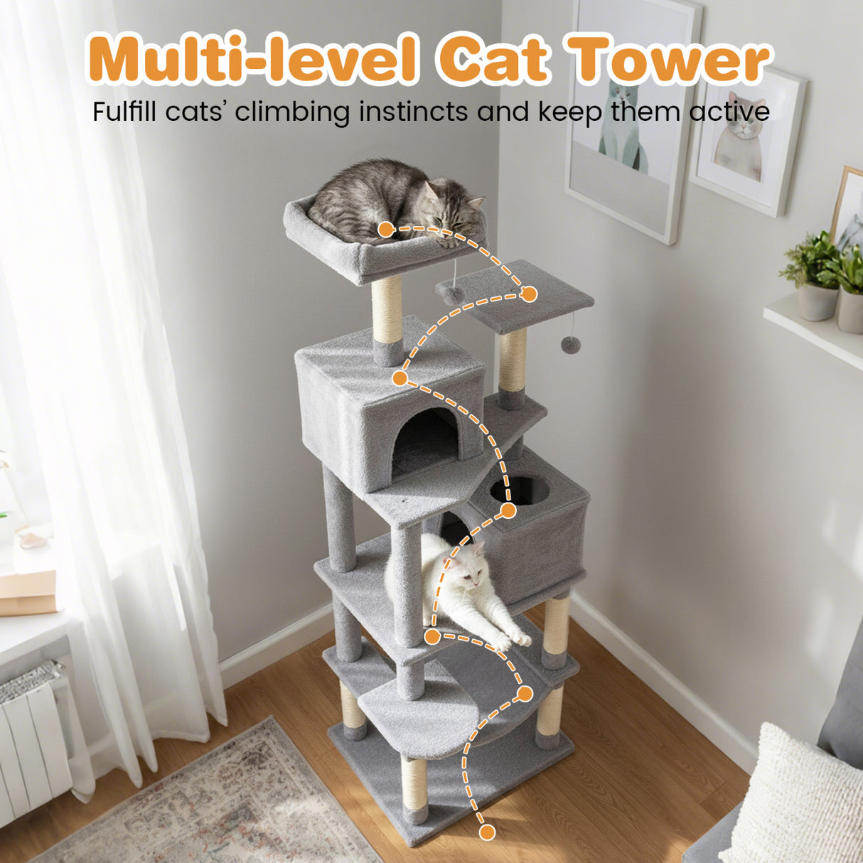 Multi-level Cat Tree Modern Cat Tower with Upholstered Perch and 2 Cat Condo-Gray