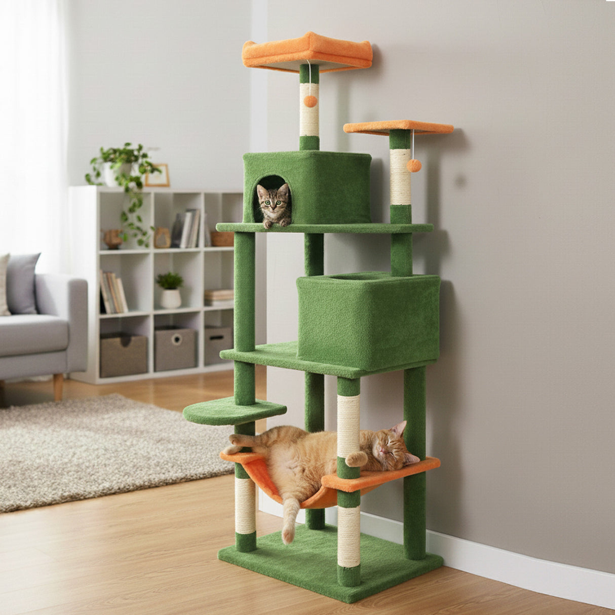 Multi-level Cat Tree Modern Cat Tower with Upholstered Perch and 2 Cat Condo-Green