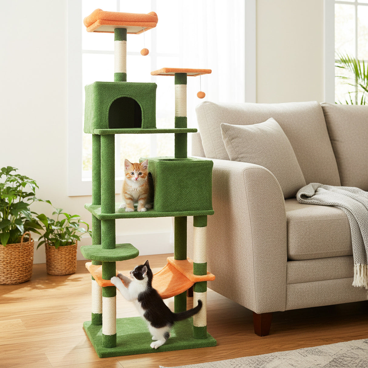 Multi-level Cat Tree Modern Cat Tower with Upholstered Perch and 2 Cat Condo-Green