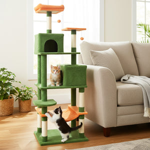 Multi-level Cat Tree Modern Cat Tower with Upholstered Perch and 2 Cat Condo-Green