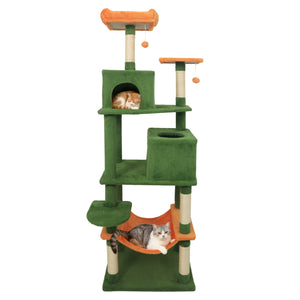 Multi-level Cat Tree Modern Cat Tower with Upholstered Perch and 2 Cat Condo-Green