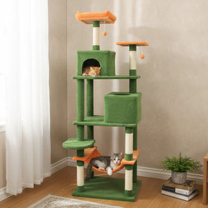 Multi-level Cat Tree Modern Cat Tower with Upholstered Perch and 2 Cat Condo-Green