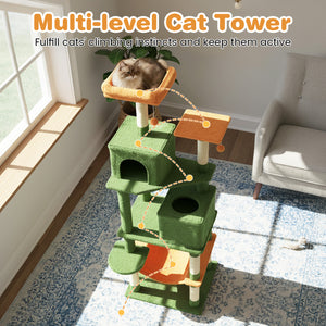 Multi-level Cat Tree Modern Cat Tower with Upholstered Perch and 2 Cat Condo-Green