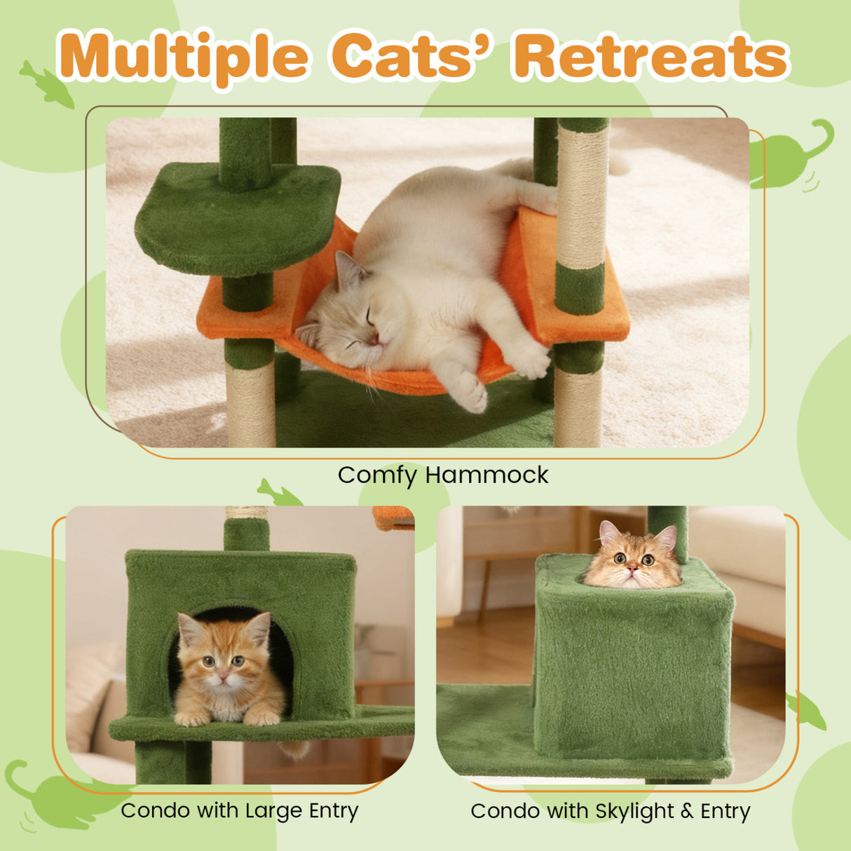 Multi-level Cat Tree Modern Cat Tower with Upholstered Perch and 2 Cat Condo-Green