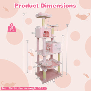 Multi-level Cat Tree Modern Cat Tower with Upholstered Perch and 2 Cat Condo-Pink