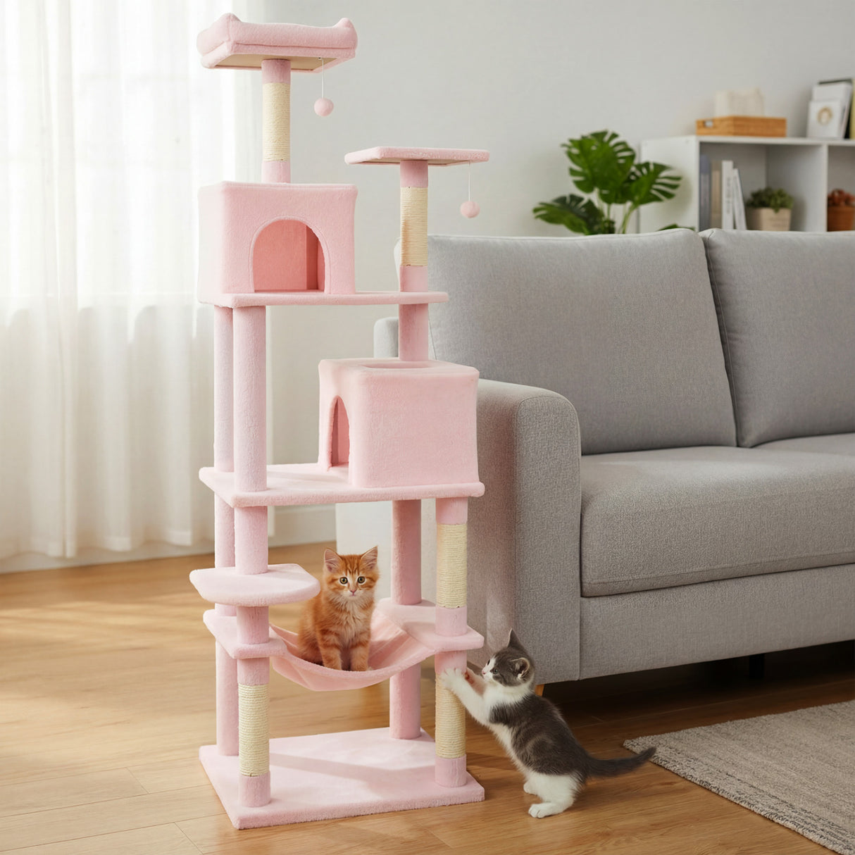 Multi-level Cat Tree Modern Cat Tower with Upholstered Perch and 2 Cat Condo-Pink