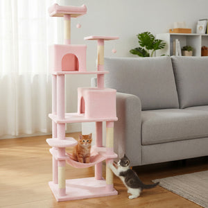 Multi-level Cat Tree Modern Cat Tower with Upholstered Perch and 2 Cat Condo-Pink