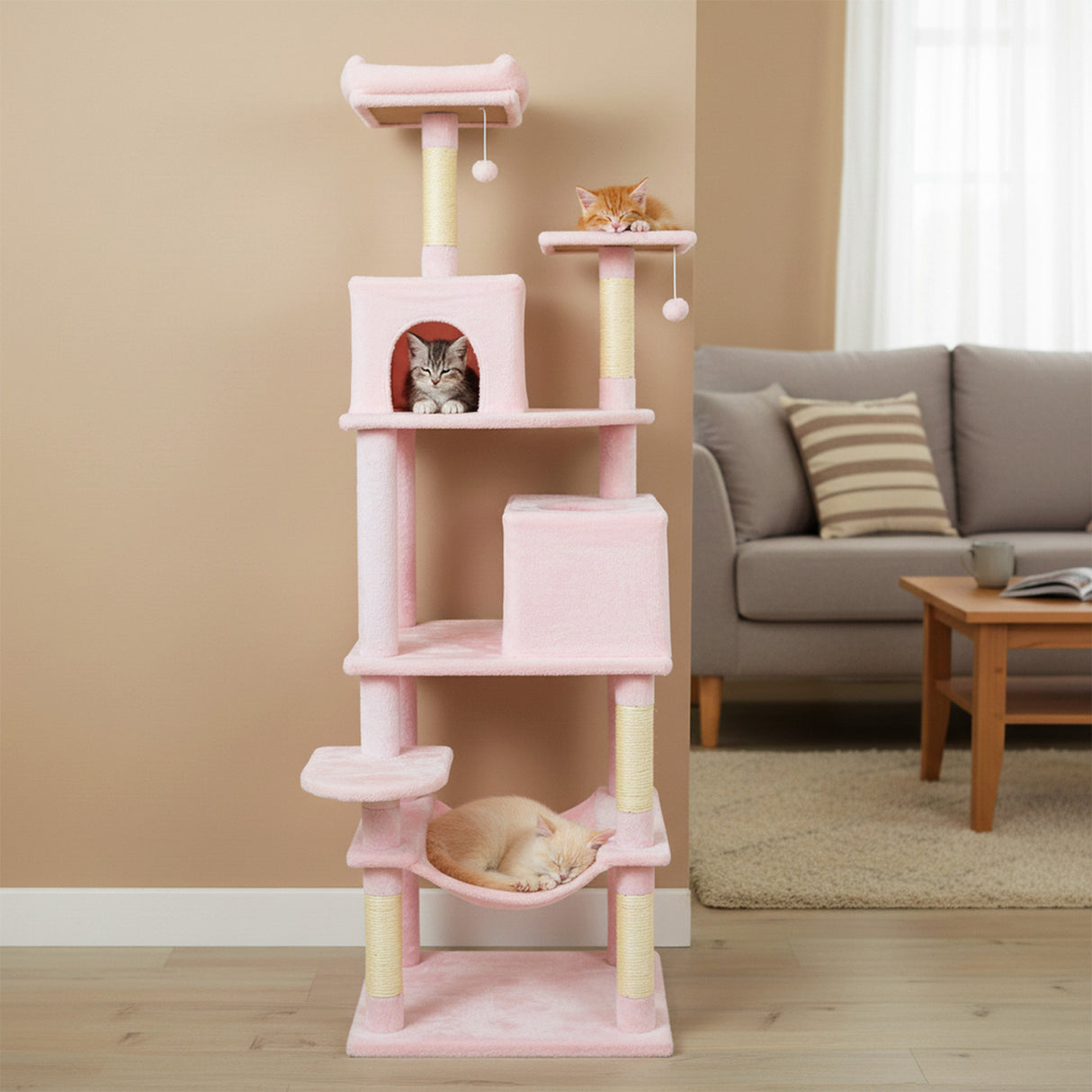 Multi-level Cat Tree Modern Cat Tower with Upholstered Perch and 2 Cat Condo-Pink
