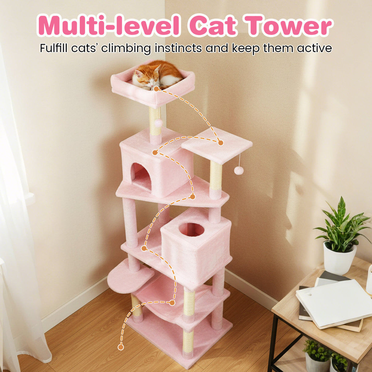 Multi-level Cat Tree Modern Cat Tower with Upholstered Perch and 2 Cat Condo-Pink
