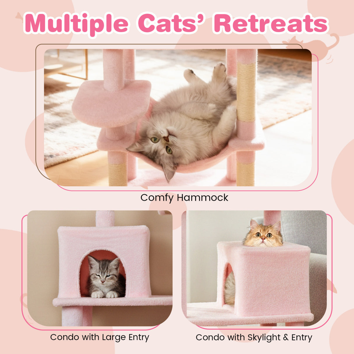 Multi-level Cat Tree Modern Cat Tower with Upholstered Perch and 2 Cat Condo-Pink