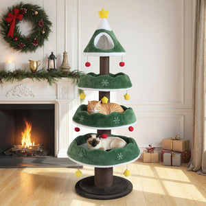 Multi-level Christmas Cat Tree with 3 Platforms & Upholstered Top Perch-Multicolor