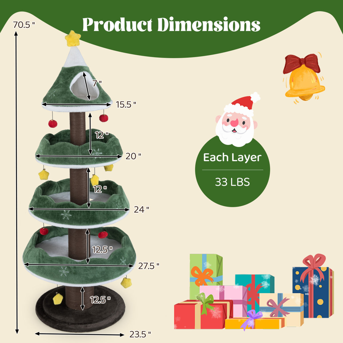 Multi-level Christmas Cat Tree with 3 Platforms & Upholstered Top Perch-Multicolor
