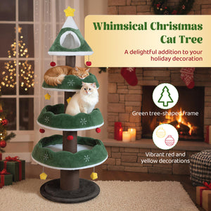 Multi-level Christmas Cat Tree with 3 Platforms & Upholstered Top Perch-Multicolor