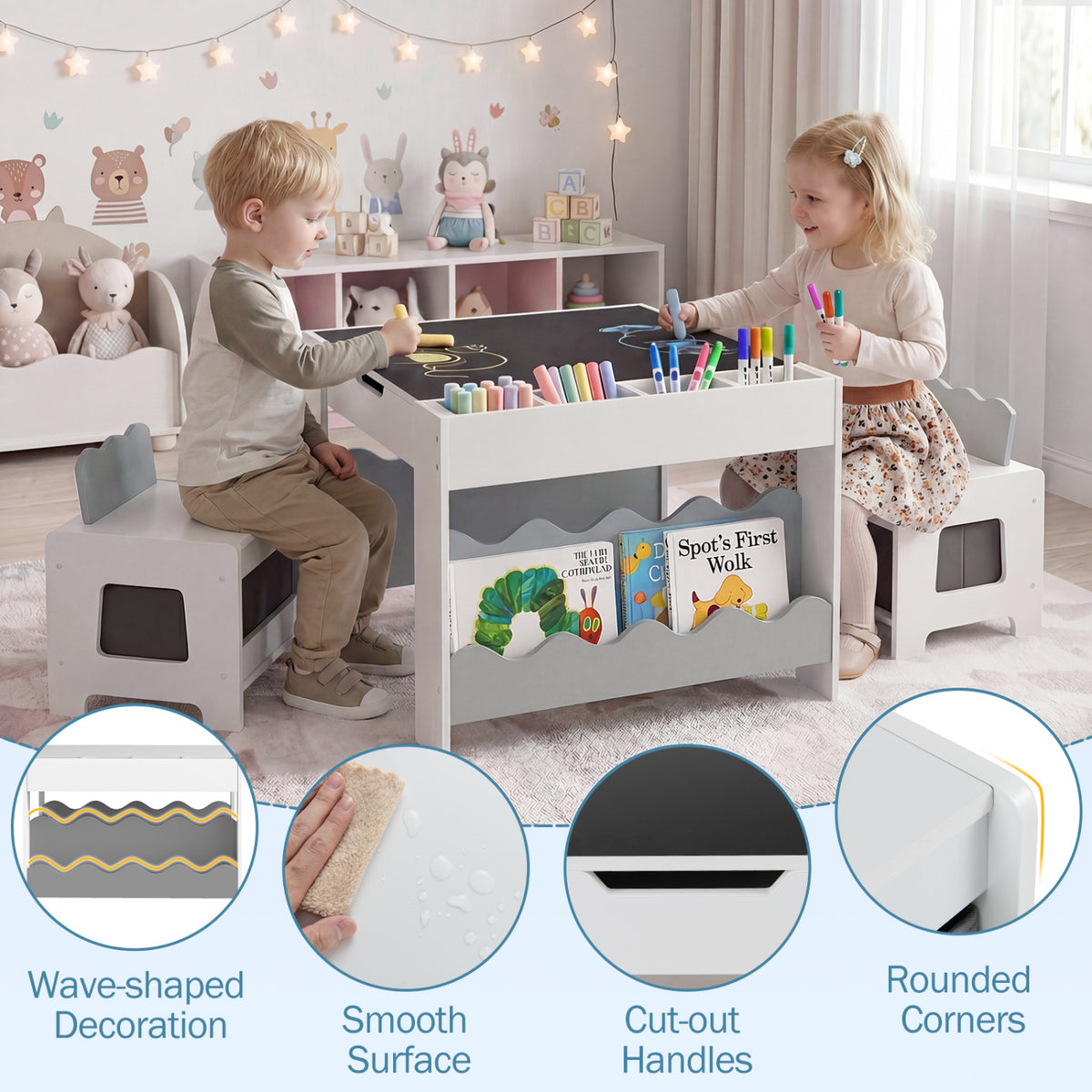 Multi-purpose Activity Kids Table and Chairs Set with Double-sided Tabletop-Gray